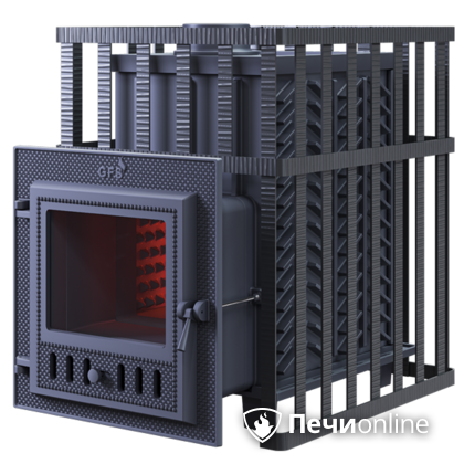 Дровяная банная печь Гефест ЗК в сетке-18 (М) чугунная дверца со стеклом, запатентованная каменка сетка в Первоуральске